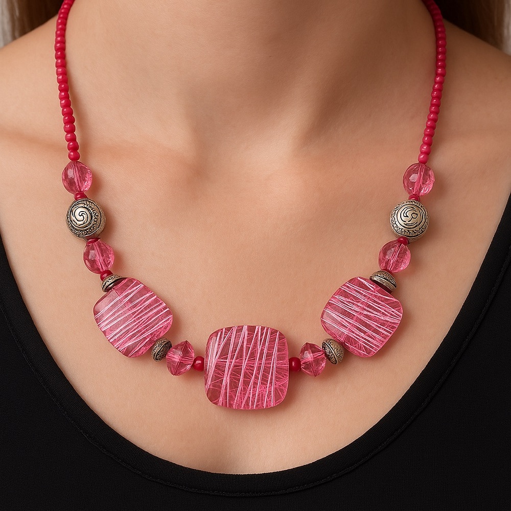 Pink Acrylic Bead Necklace Silvertone etched 21”